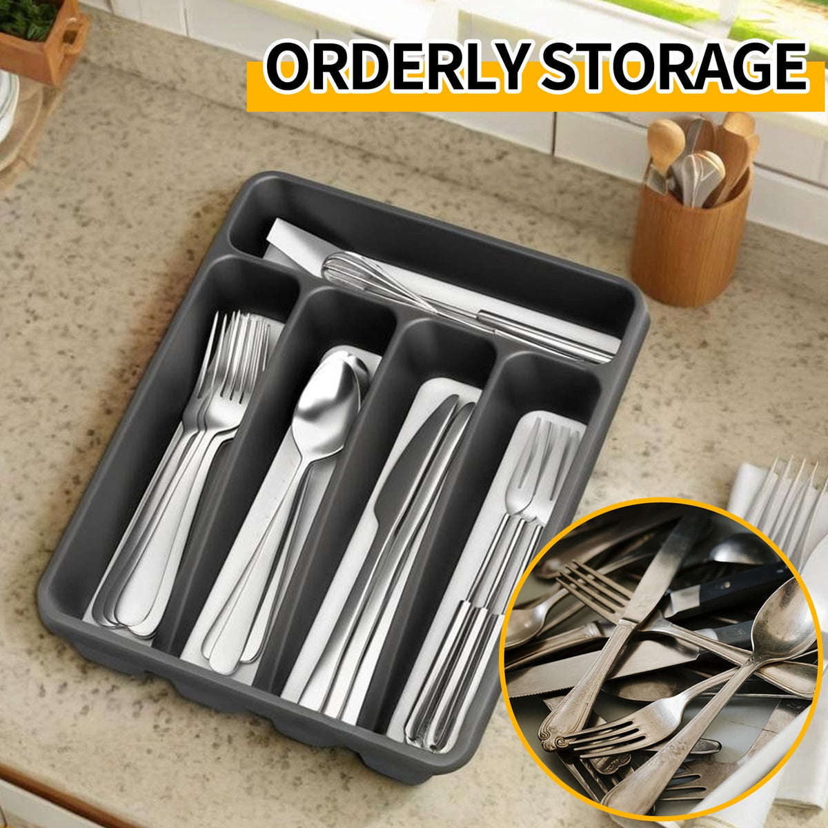 propuri Silverware Organizer - BPA-Free Kitchen Drawer Organizer with Non-slip TPR Linings, Utensil Holder Cutlery Drawer Organizer for Forks, Spoons and Knives- 5 Slots, Grey£¬2Pack