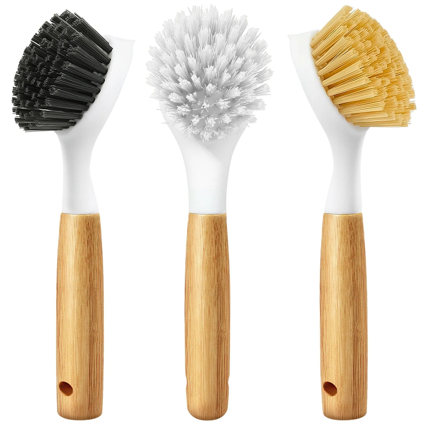 propuri Dish Brush Set with Bamboo Handle, Kitchen Scrub Brush,3 Pack Yellow White Black