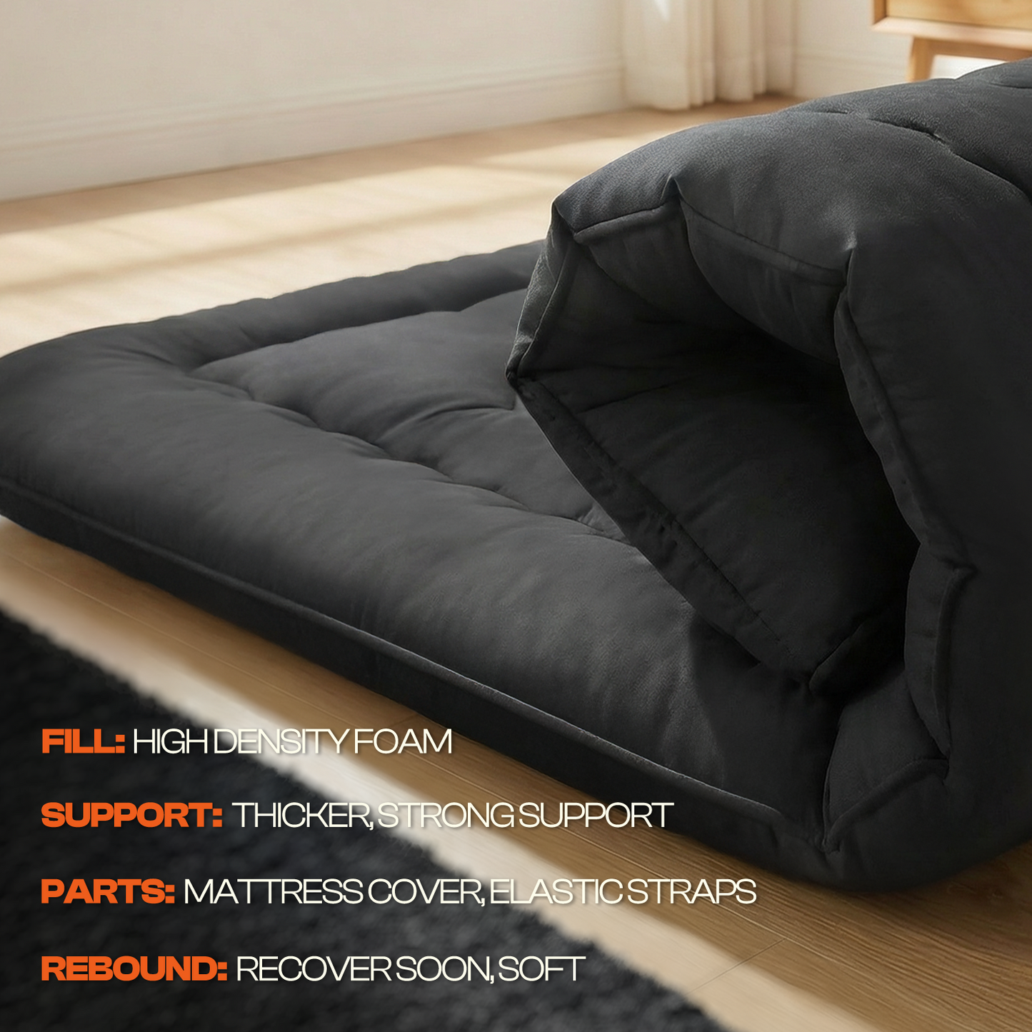 CHIC LINK 4" Thick Japanese Futon Mattress Pad - Foldable Floor Mattress & Sleeping Pad for Guests, Dorms & Kids Rooms, Portable Tatami Style Bed with Firm Support & Carry Strap, Full Size, Black
