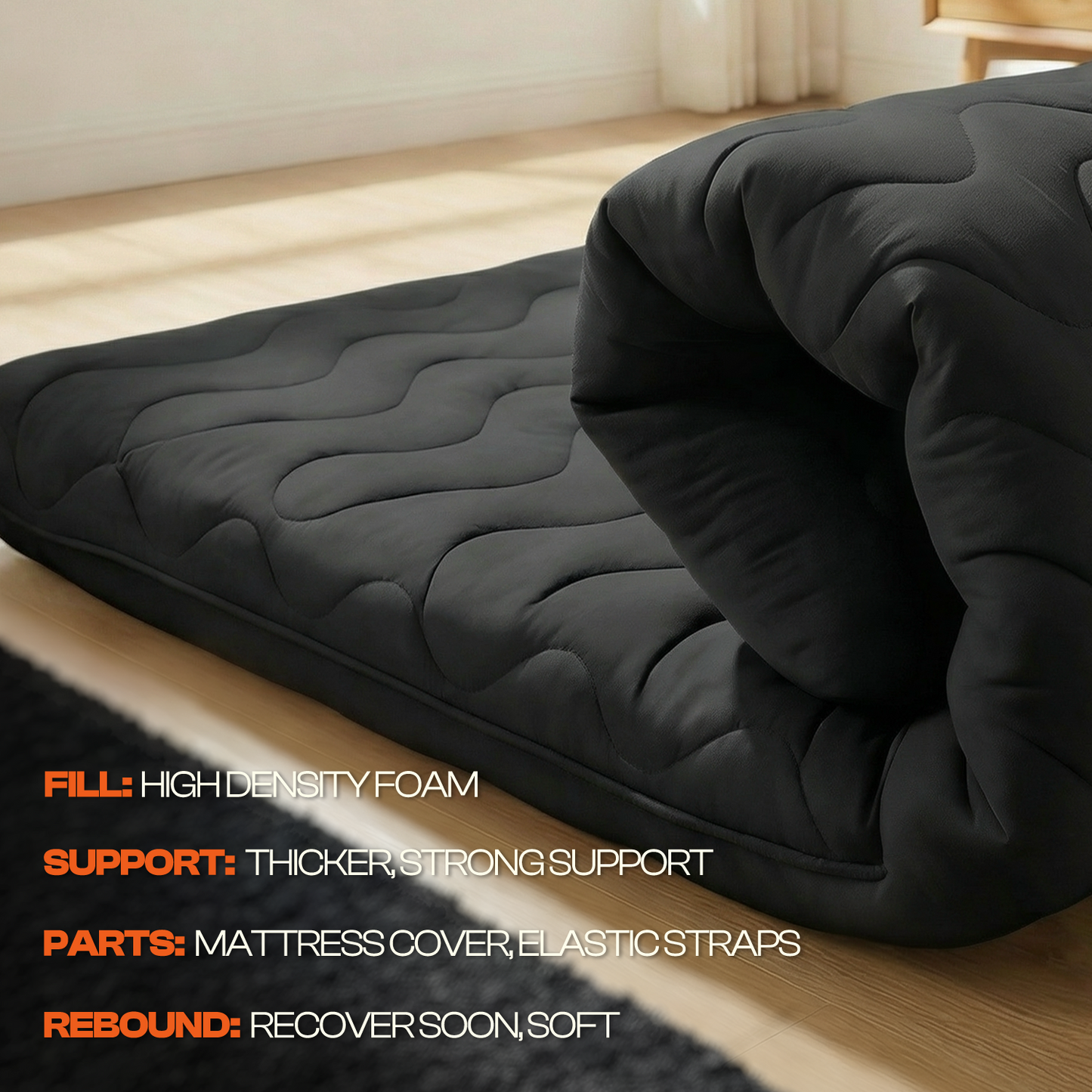 CHIC LINK Japanese Floor Mattress Futon - 3.5" Extra Firm Foldable Tatami Mat, 5-Layer Support with High-Density Foam Portable Floor Bed for Guest, Dorm, Kids Room & Camping Black Full