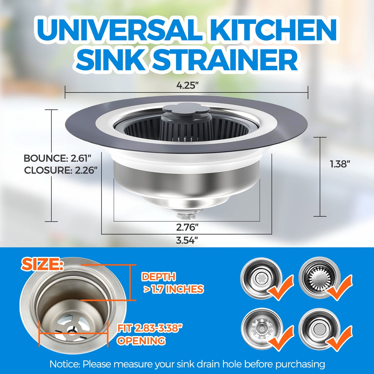 Propuri 3?in?1 Kitchen Sink Drain Strainer, Stainless Steel Sink Stopper with Anti?Clog Filter Basket, Pop?Up Bounce Core, Fits US Standard 3?1/2 Inch Kitchen Sink Drain, Odor?Proof Sink Drain Plug C
