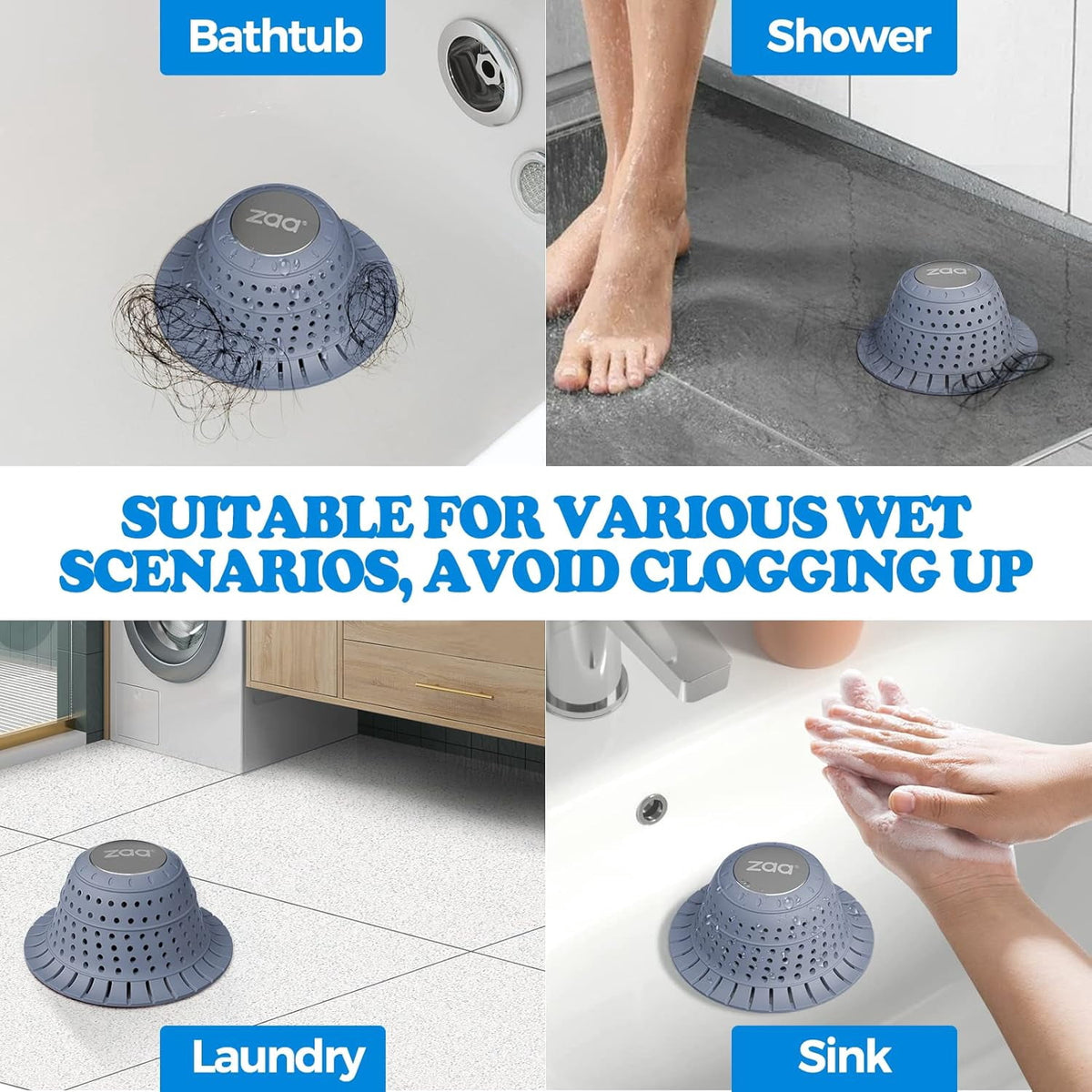 propuri Shower Drain Hair Catcher, 4.5" Collapsible Silicone Bathtub Drain Strainer with Weighted Stainless Steel Core for Flat and Pop-Up Drains£¬2 Pack,Blue