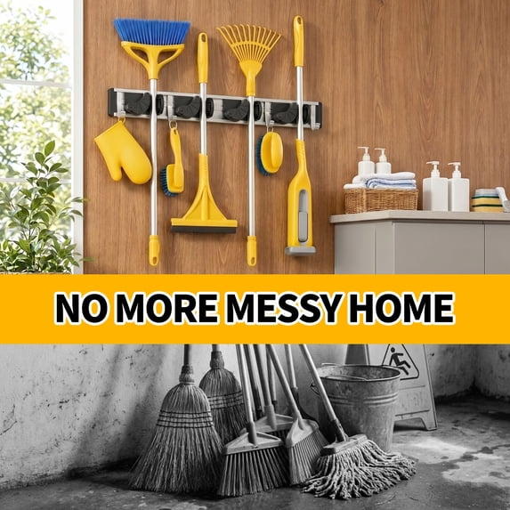 propuri Mop Broom Holder Wall Mount Metal Pantry Organization and Storage Garden Kitchen Tool Organizer Wall Hanger for Home Goods (4 Positions with 4 Hooks, Black)