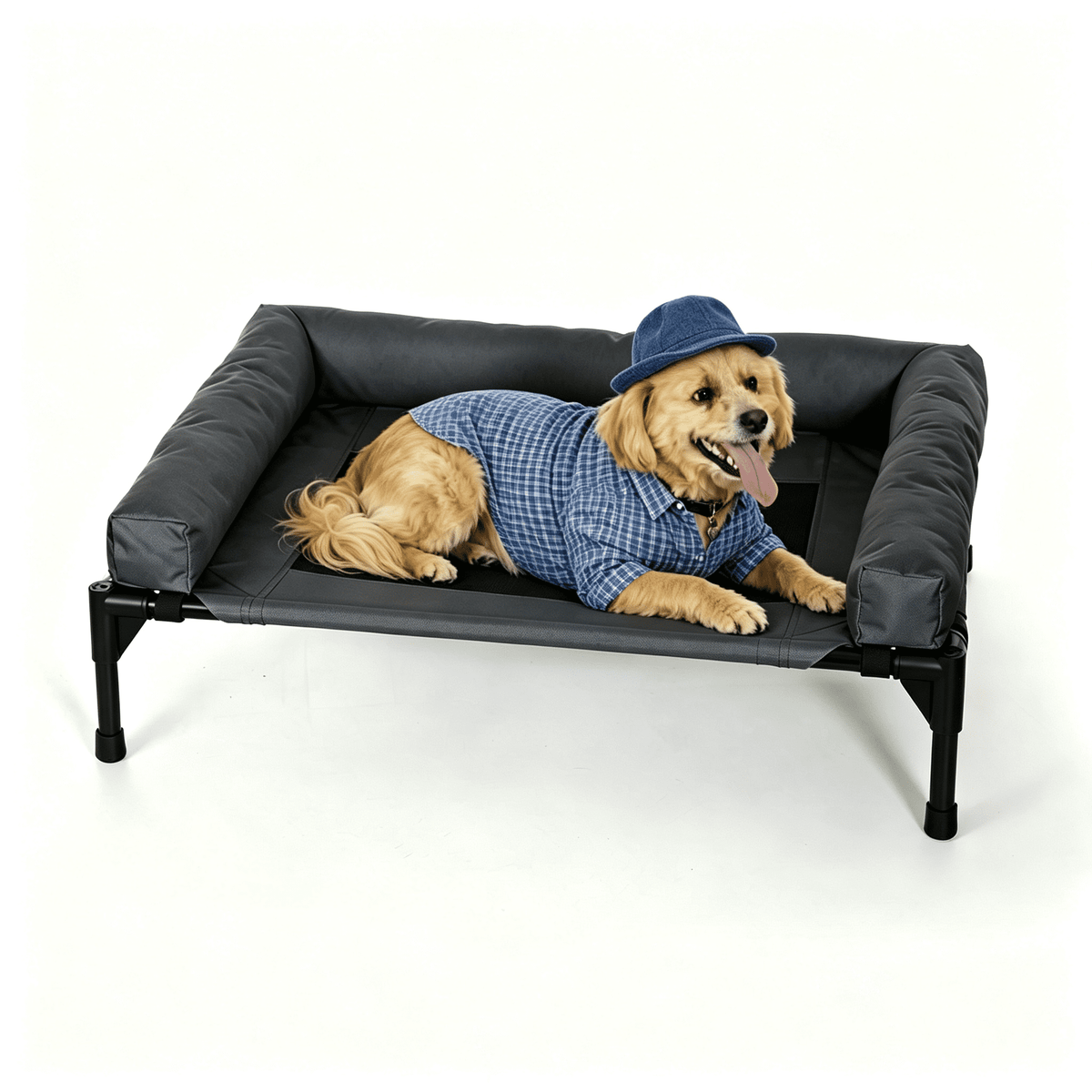 CHIC LINK Elevated Dog Bed with Bolster, 47x32x9in Cooling Mesh Raised Pet Cot with Edge for Indoor Outdoor, Carbon Black