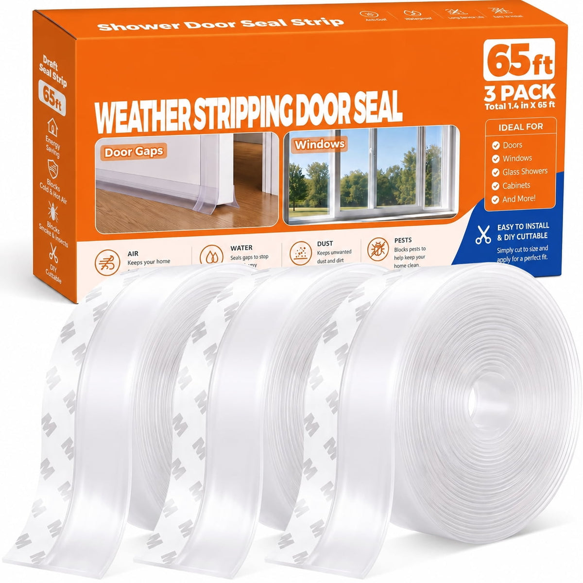 CHIC LINK Weather Stripping Seal Strip Self-Adhesive Door & Window , 1.4 in x 65 ft Draft Stopper (3-Pack)