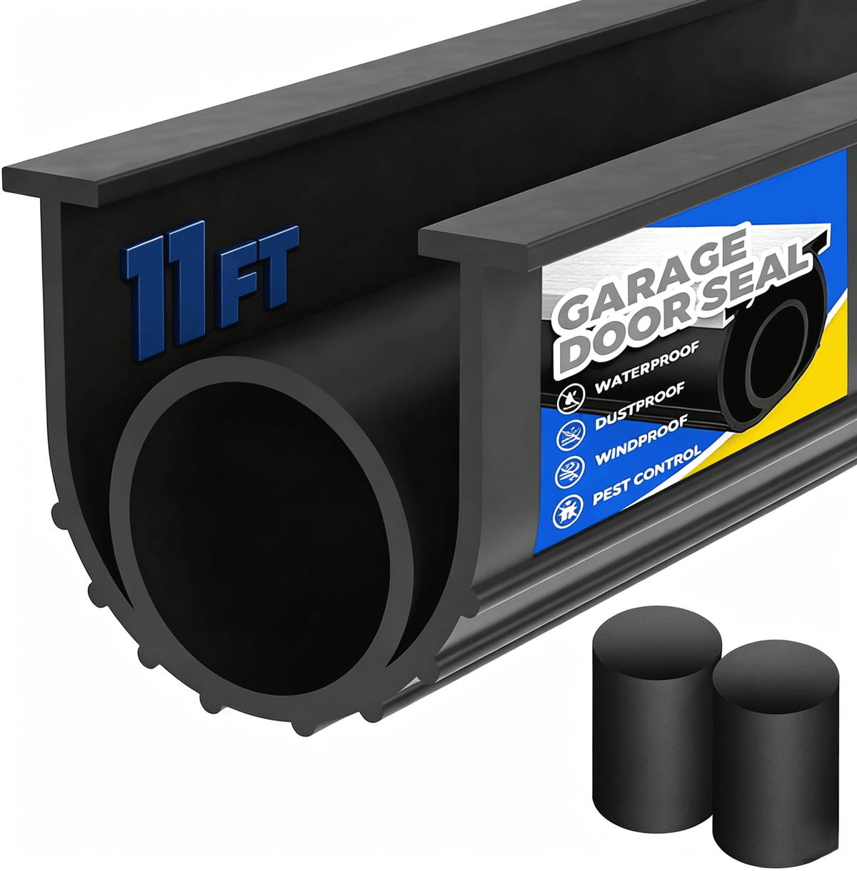 Garage Door Bottom Seal, EPDM Rubber U+O Weather Stripping Replacement 11ft, 5/16 Inch Double T?End Track, 3.74" Width with 2 End Plugs, Weatherproof Draft Rain Pest Block, Black