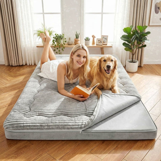 CHIC LINK Japanese Futon Mattress, 6 Inch Double Layer Corduroy Floor Bed with High-Density Foam, Foldable Tatami Mat for Sleeping For Bed, Portable Guest Bed for Camping, Gray, Queen Size