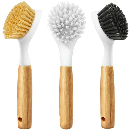NSTB Dish Brush Set with Bamboo Handle, Kitchen Scrub Brush,3 Pack Yellow White Black