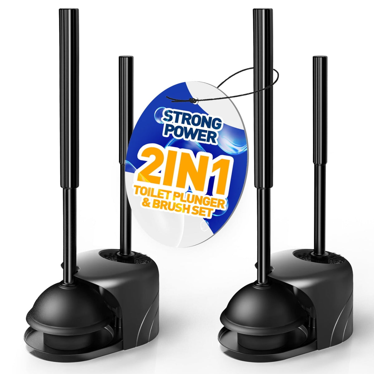 NSTB 2 in 1 Toilet Plunger and Brush Set, Extended Handle, Bathroom Cleaning Tools, Black, 2 Pack