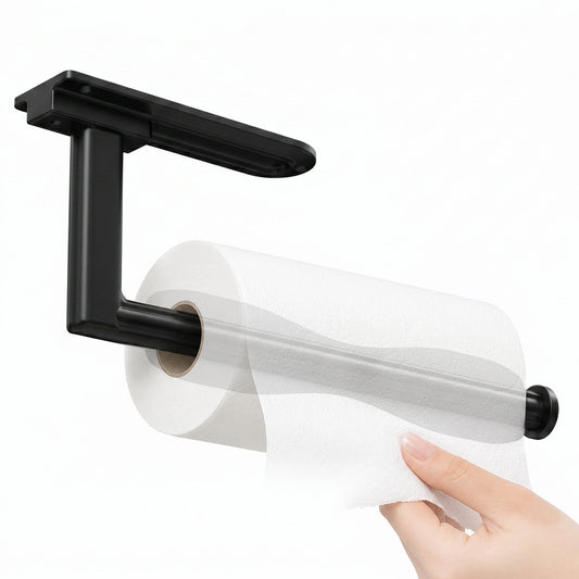 Paper Towel Holder Under Cabinet - Self Adhesive or Drilling Paper Towel Holder Wall Mount, One Hand Tear Black Towel Holder for Kitchen Organization, Bathroom, Sink, Pantry, Fridge, RV