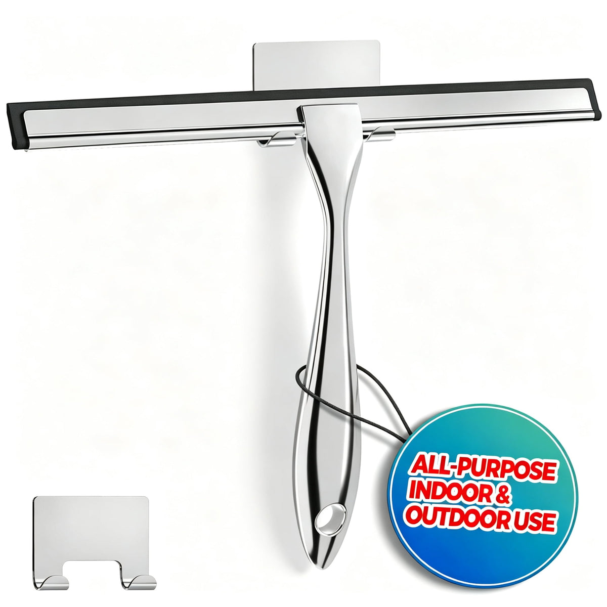 Shower Squeegee with Adhesive Hook, 10in Glass Wiper, Soft Rubber Blade & Metal Ergonomic Handle, Bathroom Window Cleaning Tool, New Home Essentials
