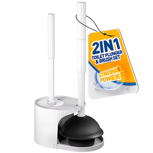 propuri 2 in 1 Toilet Plunger and Brush Set，Extended Handle Plunger,Bathroom Cleaning Tools ,White