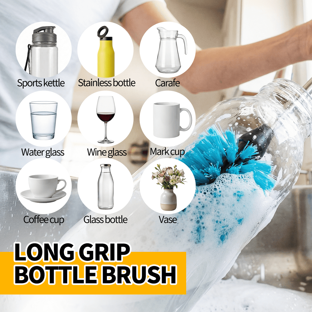 propuri 4 Pack Bottle Brush Set, 14.5" Long Handle Stainless Steel Bottle Cleaner Brush, Long-Handled 4-in-1 Stainless Steel Bottle Brushes for Water Bottle, Cups, Abrasive Wheel Brushes, Blue