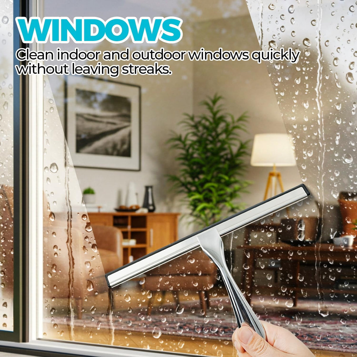 Shower Squeegee with Adhesive Hook, 10in Glass Wiper, Soft Rubber Blade & Metal Ergonomic Handle, Bathroom Window Cleaning Tool, New Home Essentials