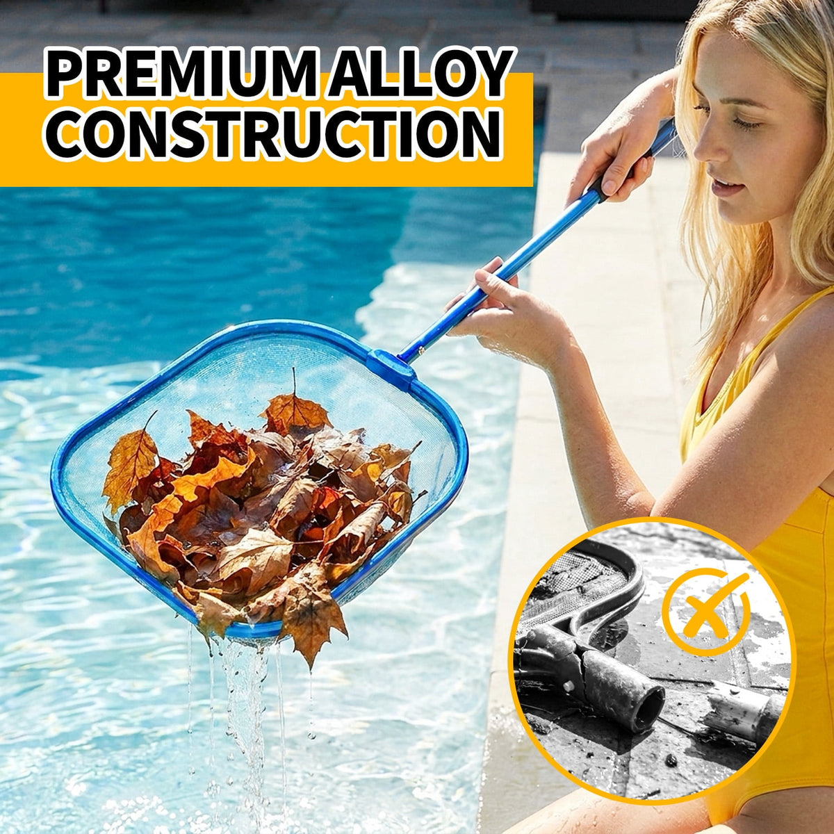 24¡±-36" Hot Tub Pool Skimmer Net with Pole All-Metal Aluminum Frame & Handle for Small Above Ground Pools - Lightweight Pool Skimmer Net for Daily Leaves Bugs Removal Easy Cleaning, Metal Blue