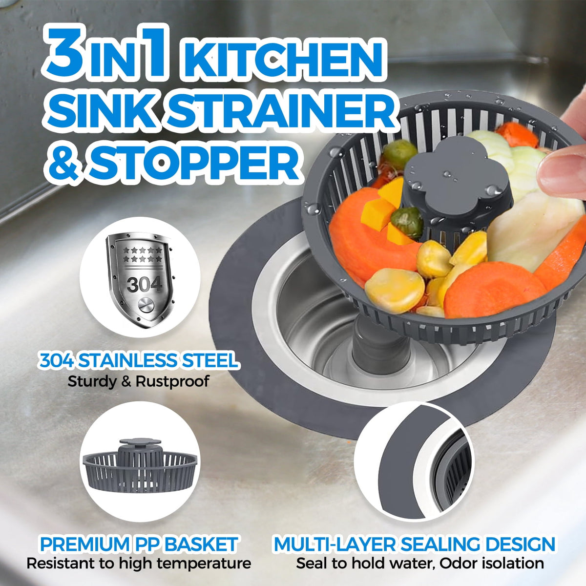 Propuri 3?in?1 Kitchen Sink Drain Strainer, Stainless Steel Sink Stopper with Anti?Clog Filter Basket, Pop?Up Bounce Core, Fits US Standard 3?1/2 Inch Kitchen Sink Drain, Odor?Proof Sink Drain Plug C