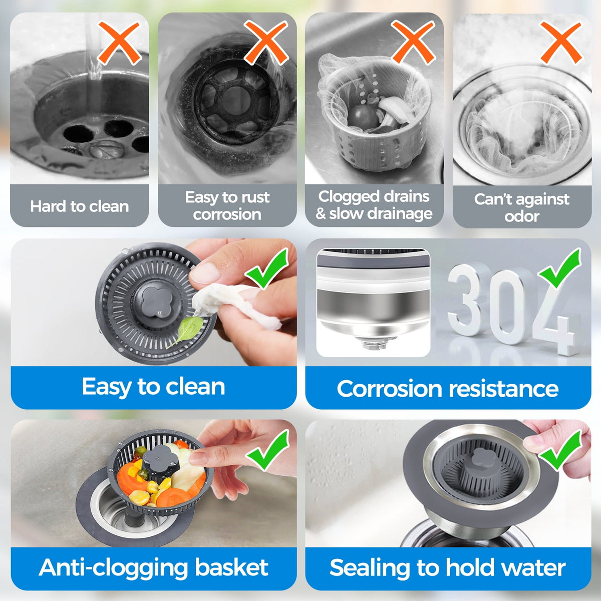 Propuri 3?in?1 Kitchen Sink Drain Strainer, Stainless Steel Sink Stopper with Anti?Clog Filter Basket, Pop?Up Bounce Core, Fits US Standard 3?1/2 Inch Kitchen Sink Drain, Odor?Proof Sink Drain Plug C