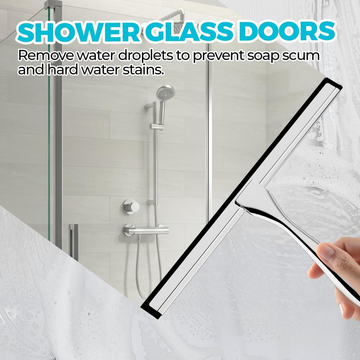 Shower Squeegee with Adhesive Hook, 10in Glass Wiper, Soft Rubber Blade & Metal Ergonomic Handle, Bathroom Window Cleaning Tool, New Home Essentials