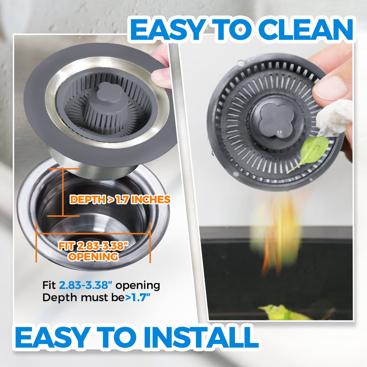Propuri 3?in?1 Kitchen Sink Drain Strainer, Stainless Steel Sink Stopper with Anti?Clog Filter Basket, Pop?Up Bounce Core, Fits US Standard 3?1/2 Inch Kitchen Sink Drain, Odor?Proof Sink Drain Plug C