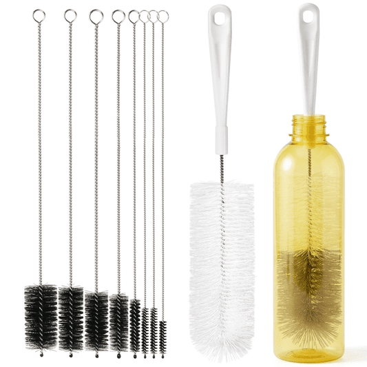 propuri 10 Pack Bottle Brush Cleaner Set, 15" Long Handle Bottle Cleaner Brush, Flexible Long Handle Water Bottle Brush for Narrow Neck Beer Wine, 8 Straws, Abrasive Spiral Brushes, White Grey