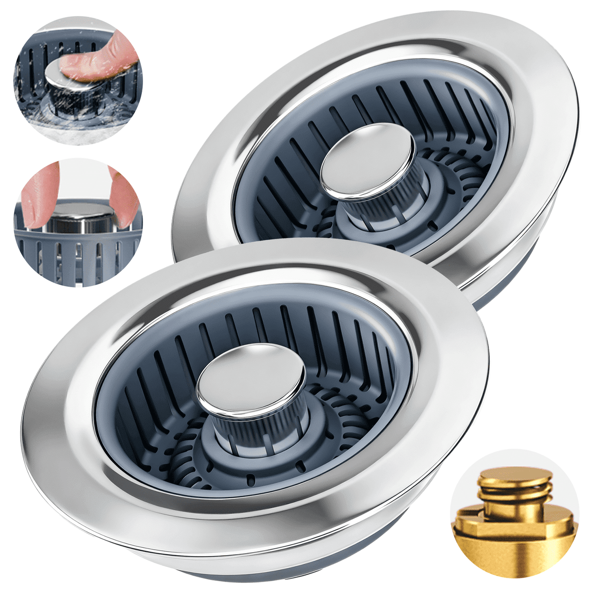 propuri 3 in 1 Kitchen Sink Drain Strainer & Sink Stopper, 2 Pack Stainless Steel Drain Plug Combo with Anti-Clog Basket, Pop Up Drain Cover for Standard 3-1/2'',Garbage Disposal Parts