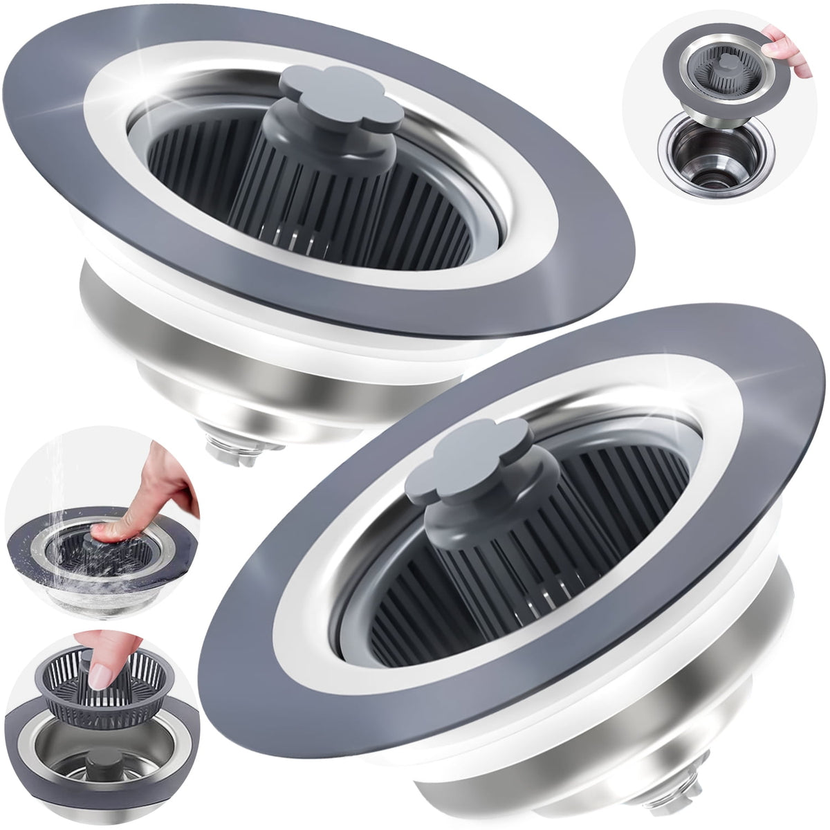 Propuri 3?in?1 Kitchen Sink Drain Strainer, Stainless Steel Sink Stopper with Anti?Clog Filter Basket, Pop?Up Bounce Core, Fits US Standard 3?1/2 Inch Kitchen Sink Drain, Odor?Proof Sink Drain Plug C