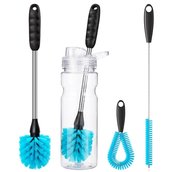 propuri 4 Pack Bottle Brush Set, 14.5" Long Handle Stainless Steel Bottle Cleaner Brush, Long-Handled 4-in-1 Stainless Steel Bottle Brushes for Water Bottle, Cups, Abrasive Wheel Brushes, Blue