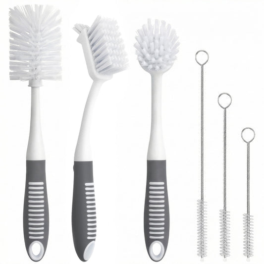 propuri 6 Pack Dish Brush Set with Bottle Brush, Dish Scrub Brush, Pan Brush and 3 Straw Brushes, Deep Cleaning Handle Brush with Scraper Tip for Kitchen Sink Dishes Bottle Cup Pot and Pans (Gray)