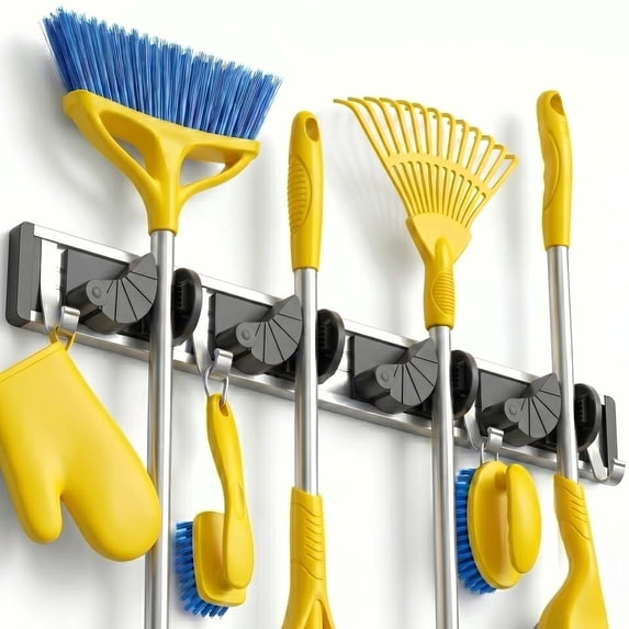 propuri Mop Broom Holder Wall Mount Metal Pantry Organization and Storage Garden Kitchen Tool Organizer Wall Hanger for Home Goods (4 Positions with 4 Hooks, Black)